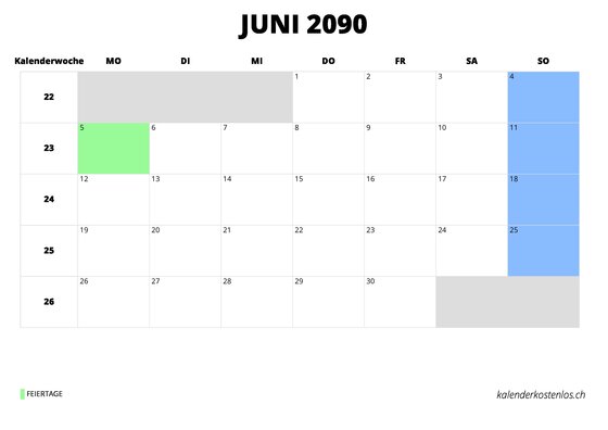 Kalender Juni 2090 im Querformat