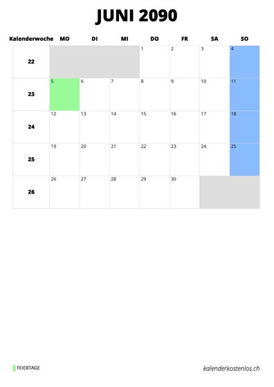 Kalender Juni 2090 im Hochformat