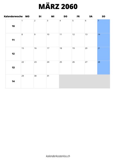 Kalender März 2060 im Hochformat
