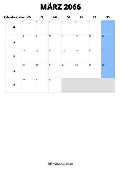 Kalender März 2066 im Hochformat