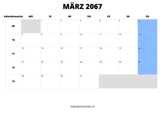 Kalender März 2067 im Querformat