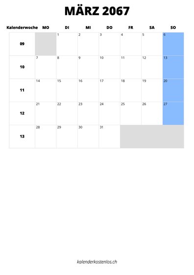 Kalender März 2067 im Hochformat