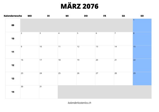 Kalender März 2076 im Querformat