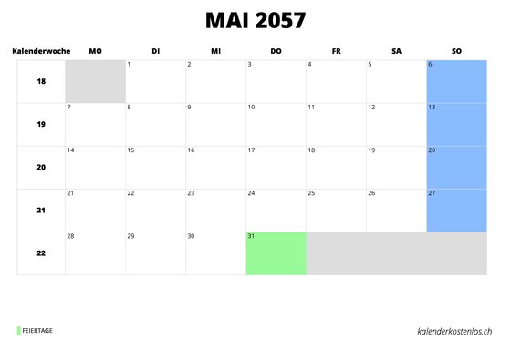 Kalender Mai 2057 im Querformat