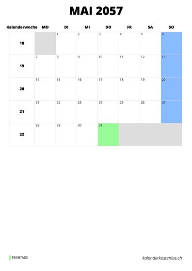 Kalender Mai 2057 im Hochformat