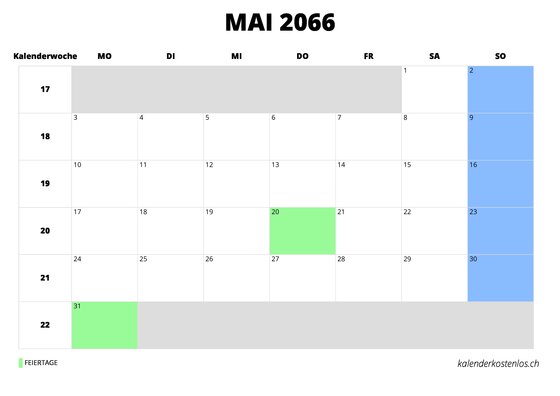 Kalender Mai 2066 im Querformat