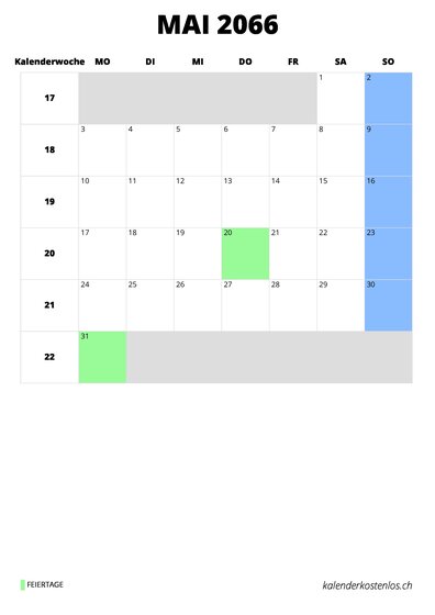 Kalender Mai 2066 im Hochformat
