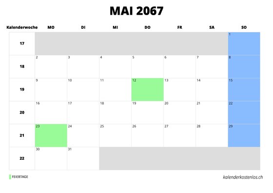 Kalender Mai 2067 im Querformat