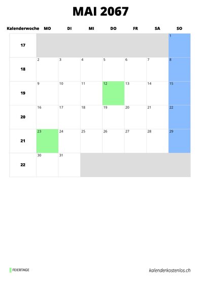 Kalender Mai 2067 im Hochformat