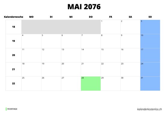 Kalender Mai 2076 im Querformat