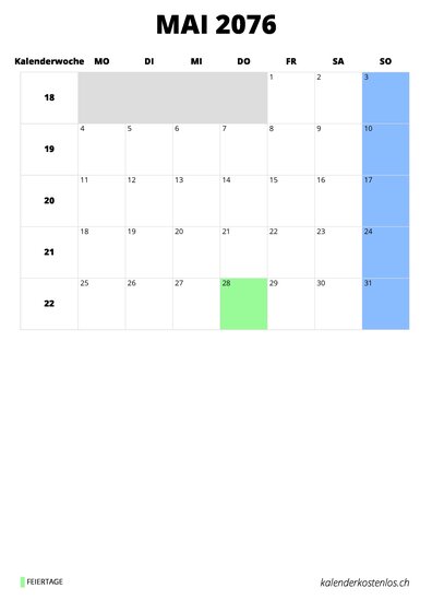 Kalender Mai 2076 im Hochformat