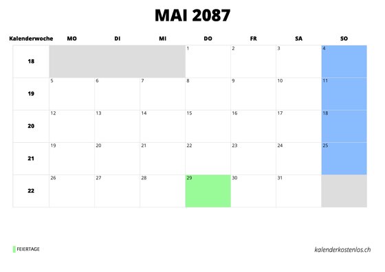 Kalender Mai 2087 im Querformat