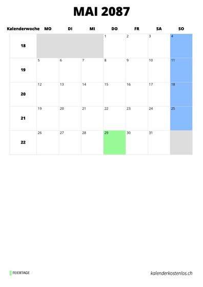 Kalender Mai 2087 im Hochformat