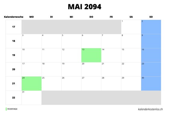 Kalender Mai 2094 im Querformat