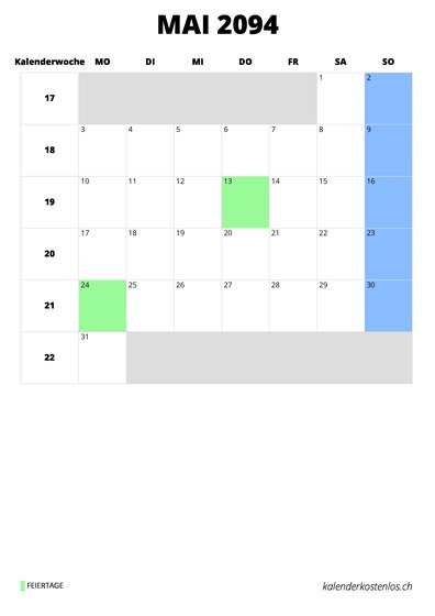Kalender Mai 2094 im Hochformat