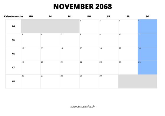 Kalender November 2068 Kalender November 2068 im Querformat