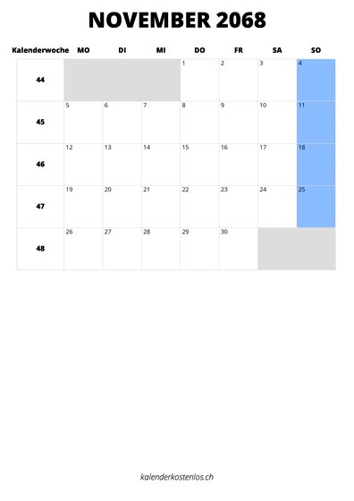 Kalender November 2068 Kalender November 2068 im Hochformat