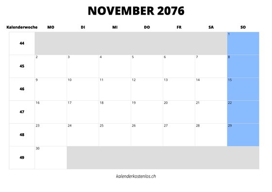 Kalender November 2076 im Querformat