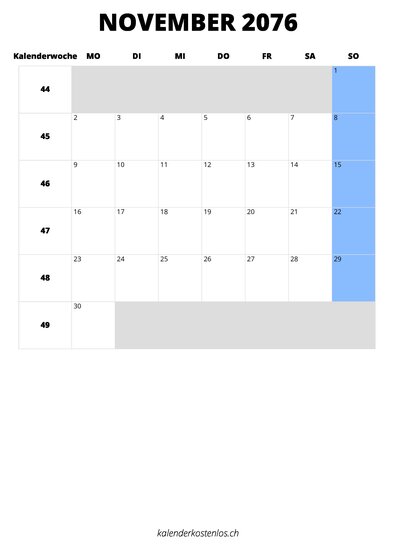 Kalender November 2076 im Hochformat