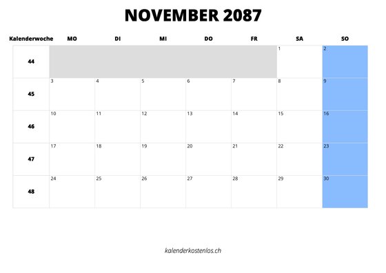 Kalender November 2087 Kalender November 2087 im Querformat