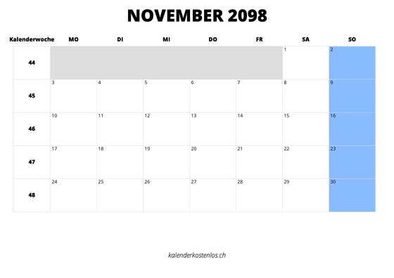 Kalender November 2098 Kalender November 2098 im Querformat