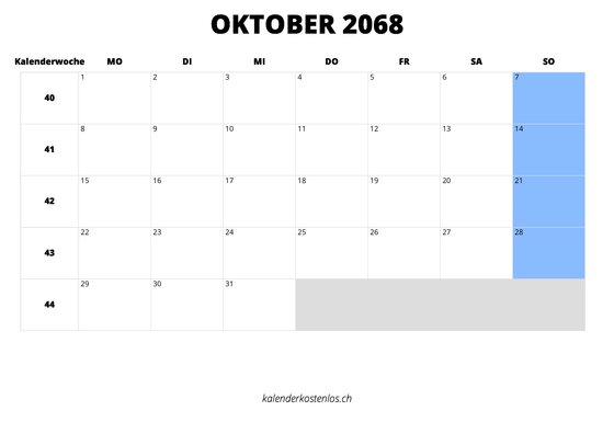 Kalender Oktober 2068 Kalender Oktober 2068 im Querformat