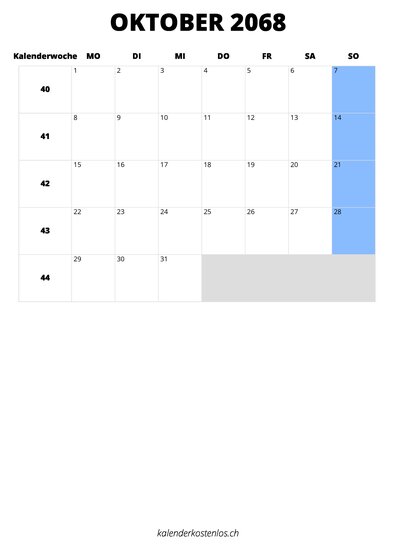 Kalender Oktober 2068 Kalender Oktober 2068 im Hochformat