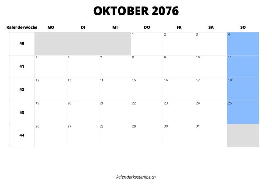 Kalender Oktober 2076 Kalender Oktober 2076 im Querformat
