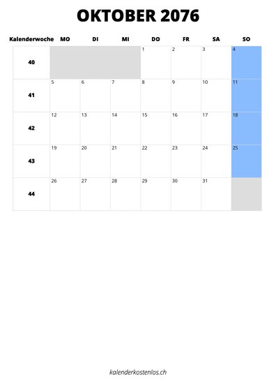 Kalender Oktober 2076 Kalender Oktober 2076 im Hochformat