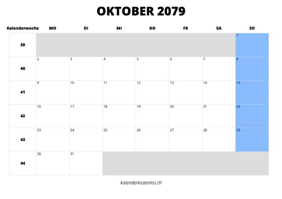 Kalender Oktober 2079 Kalender Oktober 2079 im Querformat