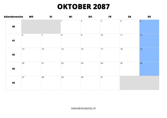 Kalender Oktober 2087 Kalender Oktober 2087 im Querformat