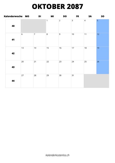 Kalender Oktober 2087 Kalender Oktober 2087 im Hochformat