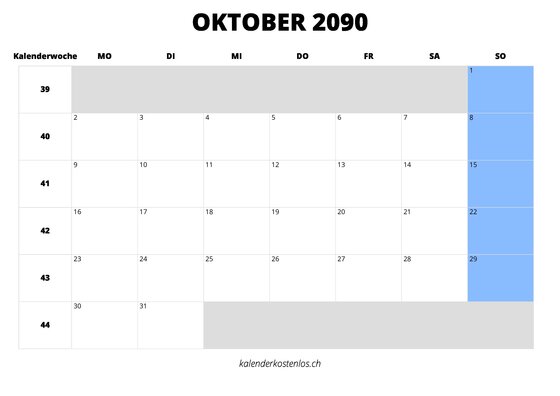 Kalender Oktober 2090 Kalender Oktober 2090 im Querformat