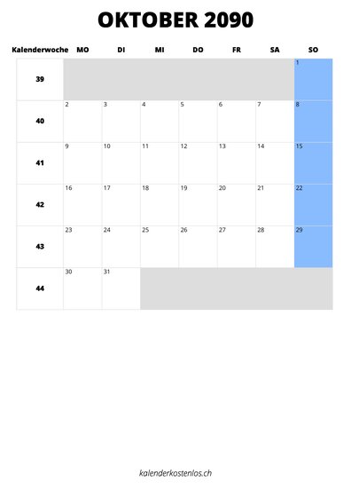 Kalender Oktober 2090 Kalender Oktober 2090 im Hochformat