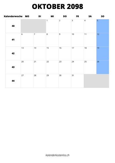 Kalender Oktober 2098 Kalender Oktober 2098 im Hochformat