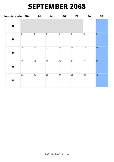 Kalender September 2068 Kalender September 2068 im Hochformat