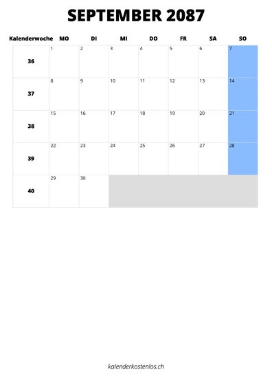 Kalender September 2087 Kalender September 2087 im Hochformat