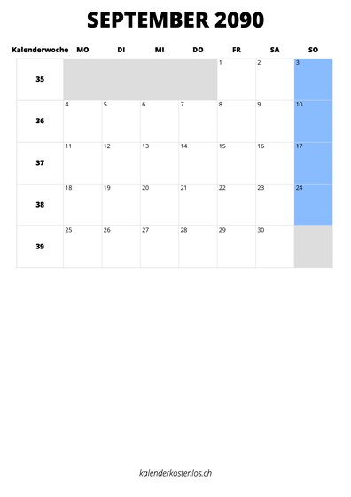 Kalender September 2090 Kalender September 2090 im Hochformat