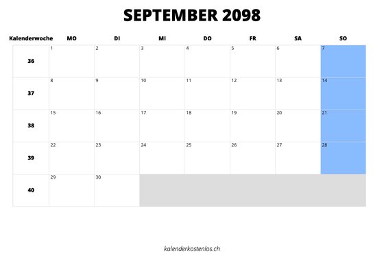 Kalender September 2098 Kalender September 2098 im Querformat